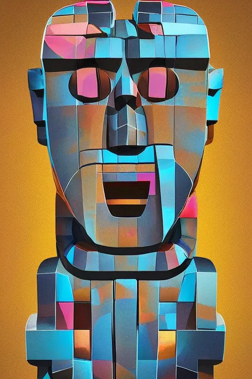 Image similar to cubist moai statue cutout digital illustration cartoon colorful beeple