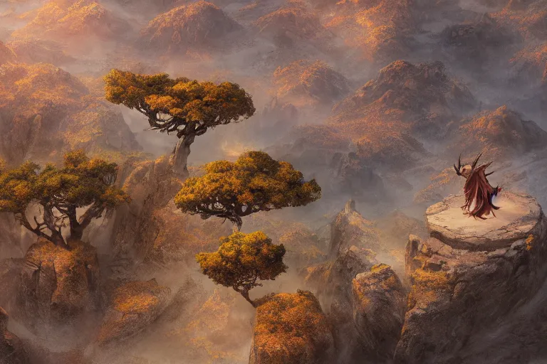 Image similar to high aerial shot, cinematic fantasy painting, dungeons and dragons, barren dry land, desert valley of bones, a single autumn maple bonsai, with sunset lighting ominous shadows by jessica rossier and brian froud