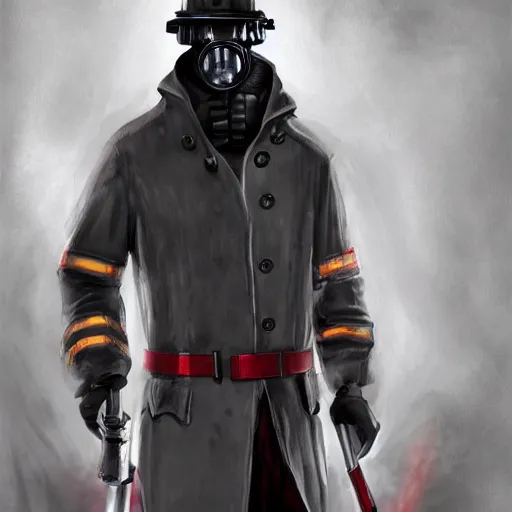 Image similar to extremely musuclar gothic firefighter detective in a dark armored trenchcoat tucked into his pants, futuristik knight, with grey skin in a long coat undead grey cloaked, sharply dressed, gas mask, bald, red sleeves, dark undershirt, belts, high boots, highly detailed, artstation