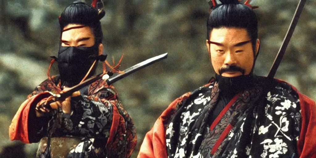 Image similar to scene from Shogun’s Shadow, 1989, movie still, cinematic, anthropomorphic half man half bear, epic, samurai