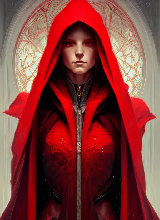 Image similar to symmetry!! portrait of a red hooded wizard, fantasy, intricate, elegant, highly detailed, digital painting, artstation, concept art, smooth, sharp focus, illustration, art by artgerm and greg rutkowski and alphonse mucha