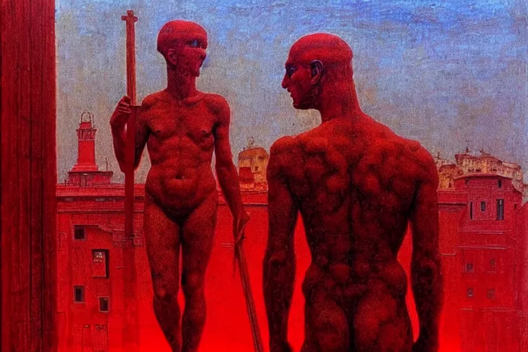 Image similar to only with red, caesar after war, a red tiger, in hoc signo vinces, rome in background, an ancient path, in the style of beksinski, part by hopper, part by rodcenko, part by hofbauer, intricate composition, red by caravaggio, insanely quality, highly detailed, masterpiece, red light, artstation