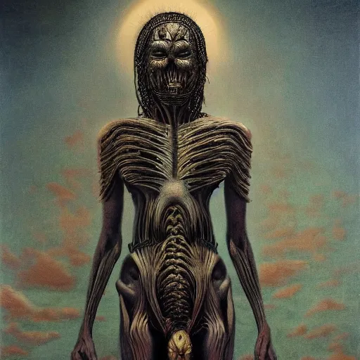 Image similar to the queen of the sun in the style of zdzisław beksiński and h.r. giger, oil on canvas, full body, open wide chest, intricately detailed artwork, full 8k high quality resolution, recently just found unknown masterpiece, renaissance painting, photorealism, 8k high detail, Sigma 85 mm f 1.4, Studio Light, Studio Ghibli, jacek yerka, alex gray, zdzisław beksiński, dariusz zawadzki, jeffrey smith and h.r. giger, oil on canvas, 8k highly professionally detailed, trending on artstation, her hair is thick and smooth, she is beautiful showing her true form, zdzisław beksiński and h.r. giger,zdzisław beksiński and h.r. giger,zdzisław beksiński and h.r. giger,zdzisław beksiński and h.r. giger, jeffrey smith, jeffrey smith, jeffrey smith, jeffrey smith, jeffrey smith, jeffrey smith, jeffrey smith, jeffrey smith, jeffrey smith, jeffrey smith