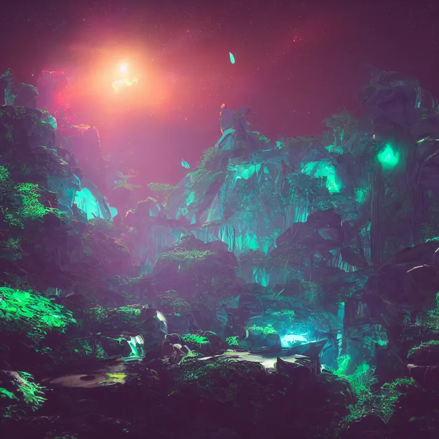 Image similar to subspace emissary, jungle groove, constellation - based cathedral, octane render, trending on artstation, ray - tracing, subsurface scattering, 4 k, high quality desktop wallpaper