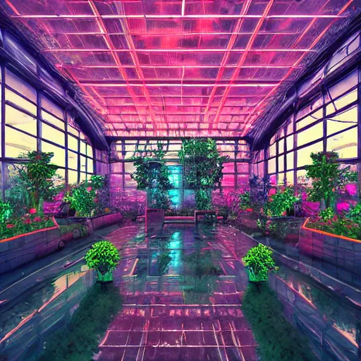 Image similar to rose garden in green house in the middle of a cyberpunk city at night by beeple, neon lights, very detailed, flying cars, blade runner 2 0 4 9