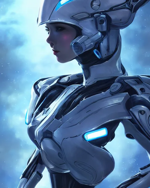 Image similar to perfect android girl on a mothership, warframe armor, beautiful face, scifi, futuristic, galaxy, nebula, raytracing, dreamy, long white hair, blue cyborg eyes, sharp focus, cinematic lighting, highly detailed, artstation, divine, by gauthier leblanc, kazuya takahashi, huifeng huang