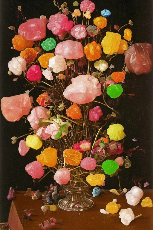 Image similar to still life of a bouquet of gummy bear in the shape of different flowers, but the flowers are actually gummy bears and jelly beans, delicious rubbery translucent squishy sweets, soft light, highly detailed, close up, Northern Renaissance