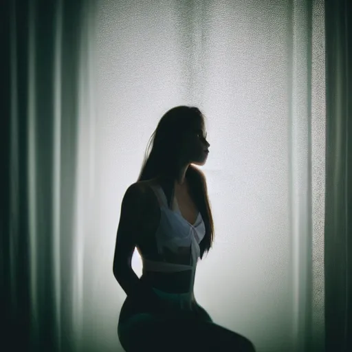 Image similar to photography of female models behind white curtains, dramatic light, cinestill, filmstill, bokeh, long exposure, god rays, magic hour