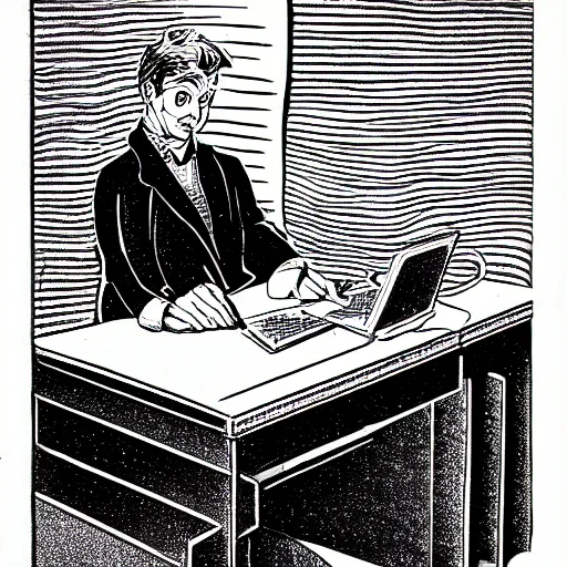 Image similar to typerwriter on a desk, Harry Volk clip art style, black and white Volk line art, illustration