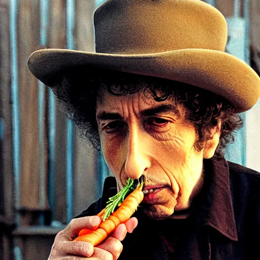 Prompt: bob dylan sniffing a carrot