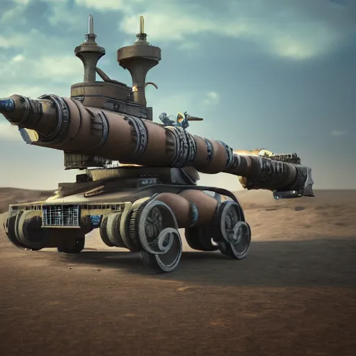 Image similar to steampunk missile tank, 3 d render, octane, ray tracing, ultra high resolution, ultra detailed, photorealistic, 8 k