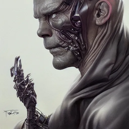 Image similar to portrait, cybernetic villain, stern expression, elegant, highly detailed, digital painting, artstation, concept art, smooth, sharp focus, illustration, artgerm, tomasz alen kopera, peter mohrbacher, donato giancola, joseph christian leyendecker, wlop, frank frazetta