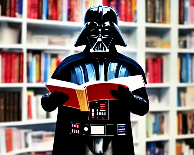 Image similar to a photograph of Darth Vader reading a book about moral philosophy