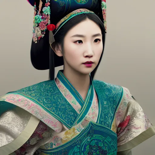 Image similar to young chinese princess with traditional clothes, medium shot, intricate details, octane, unreal engine, ultra - realism, photorealism, photorealistic, 4 k, 8 k, 1 6 k