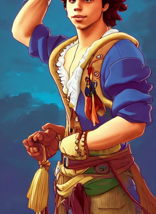 Prompt: cute jake t. austin as a pirate captain. parrot on his shoulder, natural lighting, path traced, highly detailed, high quality, digital painting, by don bluth and ross tran and studio ghibli and alphonse mucha, artgerm