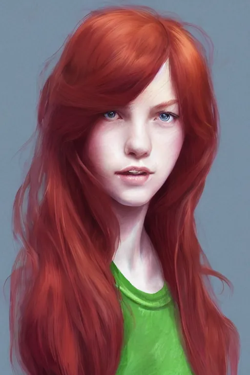Image similar to beautiful cute red haired joyful and playful nineteen year old maiden standing up in casual green clothing, long hair, attractive face, modern city, rpg character, sci - fi, fantasy, intricate, elegant, digital painting, artstation, concept art, smooth, 8 k frostbite 3 engine, ultra detailed, art by artgerm and greg rutkowski and magali villeneuve