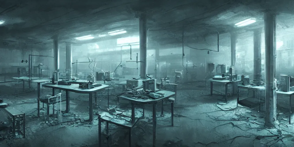 Prompt: abandoned laboratory with vacuum tube computers, intricate, elegant, highly detailed, digital painting, artstation, concept art, smooth, sharp focus, octane render, dramatic lighting, volumetric lighting, cinematic lighting, art by zdzislaw beksinski