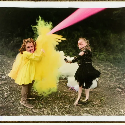 Image similar to dark angel throwing a yellow - pink - black birthday cake from the clouds onto a girl with two dogs, kodak film