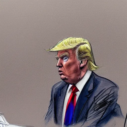 Image similar to donald trump on trial, courtroom sketch