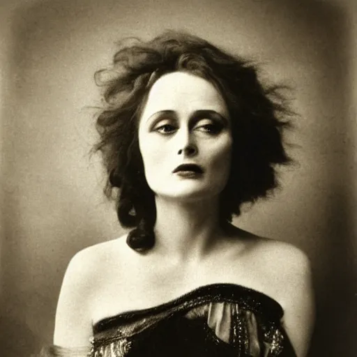 Image similar to headshot edwardian photograph of helena bonham carter, meryl streep, gaius helen mohiam, 1 9 2 0 s, sinister, evil, realistic face, 1 9 1 0 s, grainy, victorian, soft blur