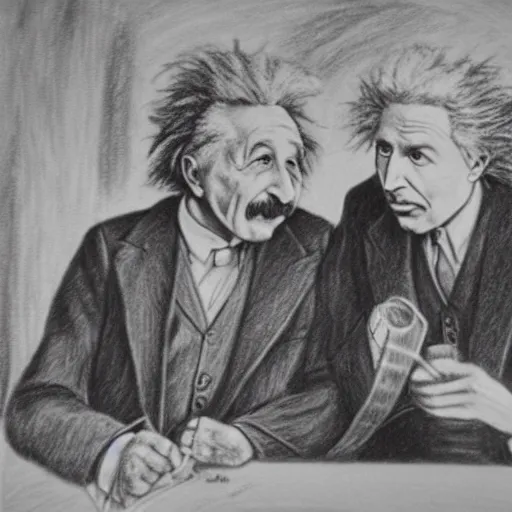 Image similar to Einstein and Tesla sitting at cafe, pencil drawing, ultra detailed