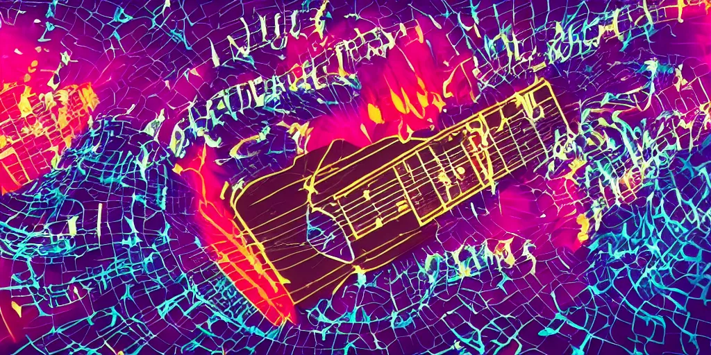 Prompt: and earthquakes are to a girl's guitar, they're just another good vibration, cyberwave, neon, cinematic,