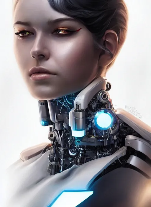 Prompt: portrait of a cyborg woman who turns her head to the ((((((right))))) left+140 (((((up))))) (((((down))))) by Artgerm,eyes closed , biomechanical, hyper detailled, trending on artstation