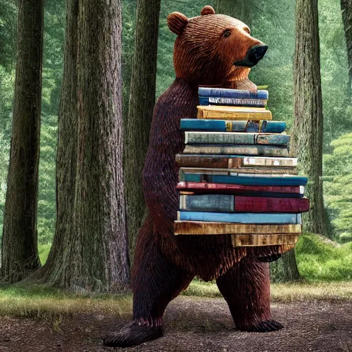 Prompt: Bear made out of old books a forest with impossibly tall trees. 8k resolution. Hyperrealistic.