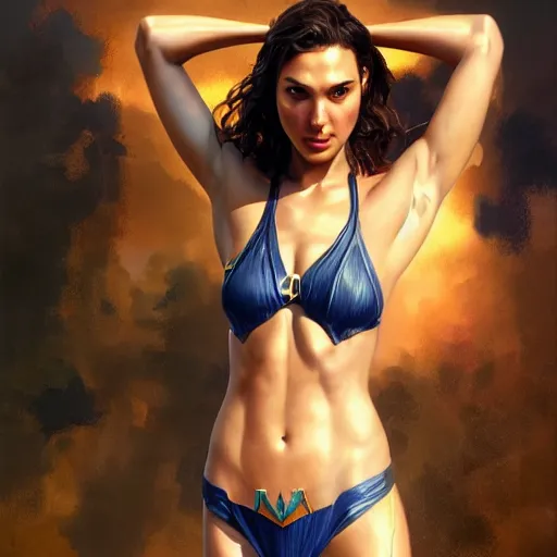 Image similar to painting of gal gadot, cheeky bikini, ultra realistic, concept art, intricate details, eerie, highly detailed, photorealistic, octane render, 8 k, unreal engine, art by artgerm and greg rutkowski and alphonse mucha