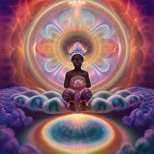 Image similar to obatala the cosmic god sitting in a cabana made of nebula clouds, by Adi granov and afarin sajedi and amanda sage and evgeni gordiets and Agostino Arrivabene in a psychedelic portrait style, ultrarealistic matte painting, volumetric lighting, fractal, extremely symmetrical, highly detailed face, orisha, 8k, hd