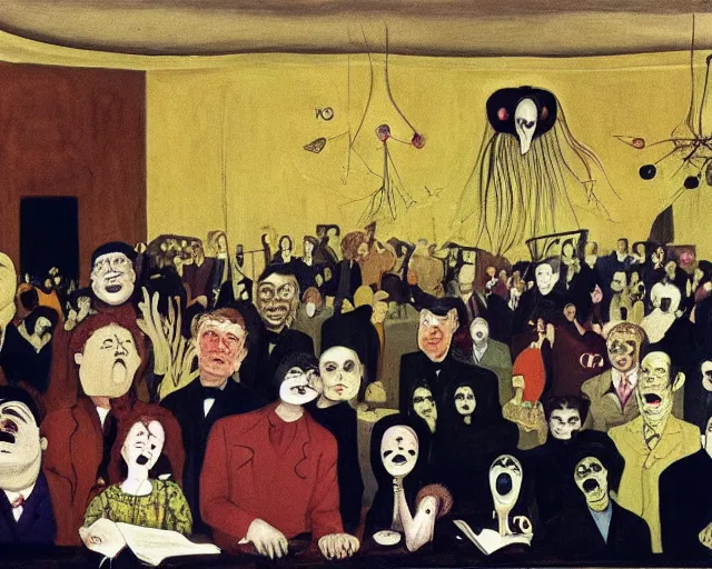 Image similar to the horror of beaurocracy, papers, horror, desks, office, waiting, stress, frustration, anger, crowded, harsh cinematic lighting, high qulity, 4 k, by charles addams and hilma af klint and affandi