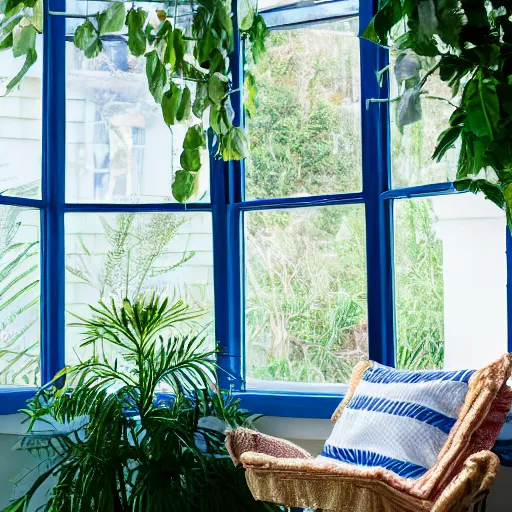 Image similar to old calico cat laying in the sun on thin blue cushion in bay window next to potted plants, professional photography