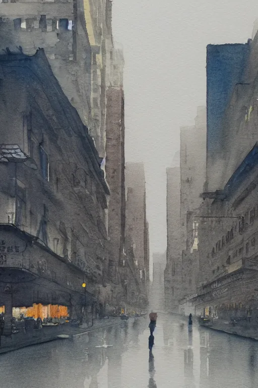 Image similar to A watercolor depicting an empty Shanghai Wujiaochang, gloomy weather, high contrast, smooth, by Joseph Zbikowicz, 8k