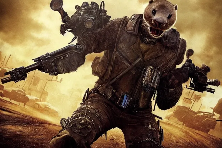 Image similar to a good ol'otter fursona ( from the furry fandom ), heavily armed and armored facing down armageddon in a dark and gritty version from the makers of mad max : fury road. witness me.