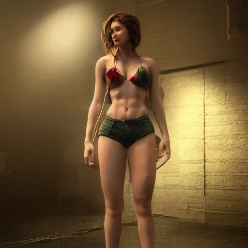 Image similar to full body pose, hyperrealistic photograph of a beautiful woman, short shorts, dim volumetric lighting, 8 k, octane beautifully detailed render, extremely hyper detailed, intricate, epic composition, cinematic lighting, masterpiece, trending on artstation, very very detailed, stunning, hdr, smooth, sharp focus, high resolution, award, winning photo, dslr, 5 0 mm