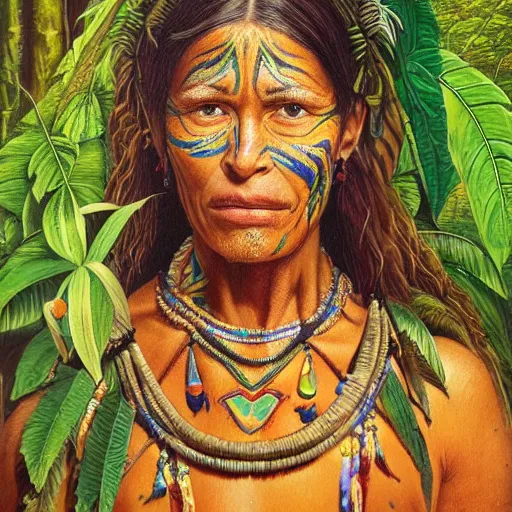 Image similar to a beautiful portrait of an amazonian shaman healer sitting in the jungle, doing a prayer, ayahuasca, high detail painting, fantasy art, highly detailed, realistic face