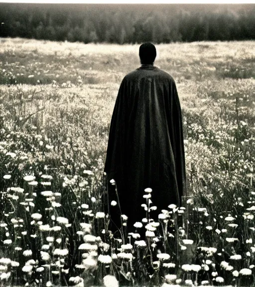 Image similar to mystical black death god standing in tall meadow of flowers, distant, vintage film photo, grainy, high detail, high resolution