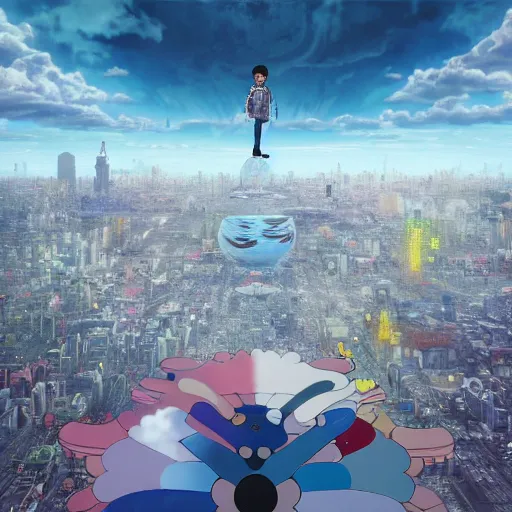 Prompt: a young man walking on clouds away from the camera perfectly centered above post - apocalyptic city by takashi murakami, beeple and james jean, aya takano color style, 4 k, super detailed, modern, 4 k, symmetrical