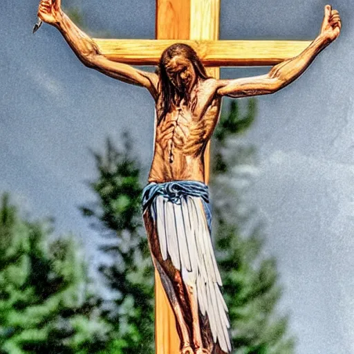 Image similar to a bald eagle, crucified on a crucifix