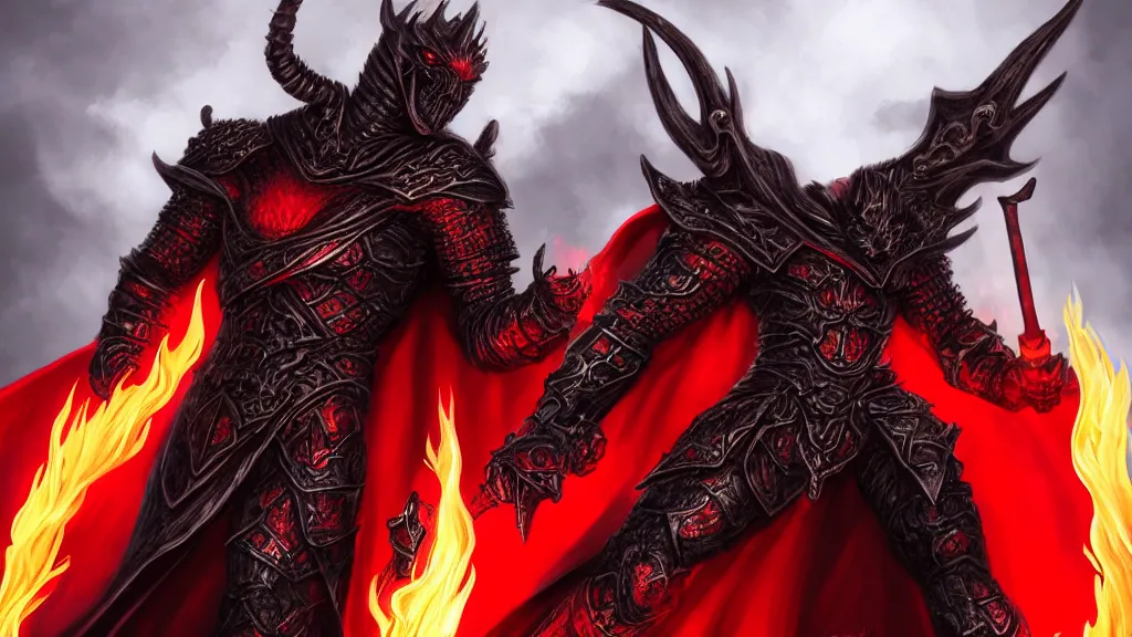 Image similar to male demon holding a flame sword, black metallic armor, red cape, detailed arms, intricate black armor, two arms, two legs, detailed fanart, rpg art, d&d art, macro art, digital art, DeviantArt, artstation, 8k HD