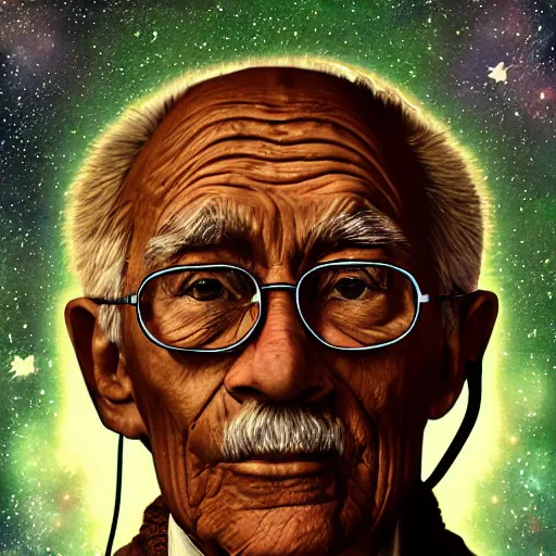 Image similar to an elderly wise man in the cosmos wearing vr headsets, digital art, detailed