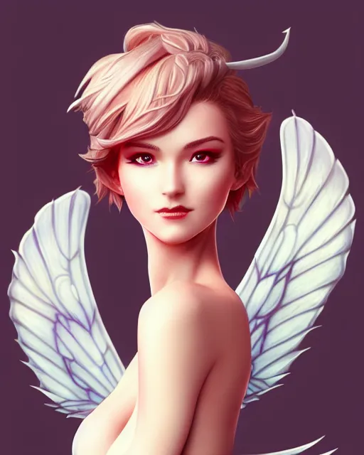 Image similar to 3 / 4 view of woman with wings, confident pose, pixie character, genshin impact, intricate, elegant, sharp focus, illustration, highly detailed, concept art, matte, artgerm, anime, trending on artstation