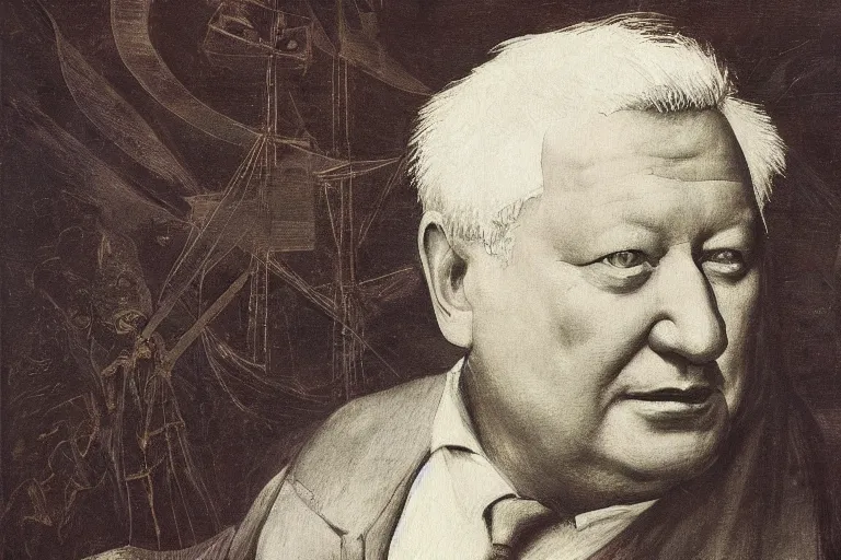 Prompt: Boris Yeltsin with valkyrees, by Leonardo DaVinci, reneissanse painting, intricate detail, artstation