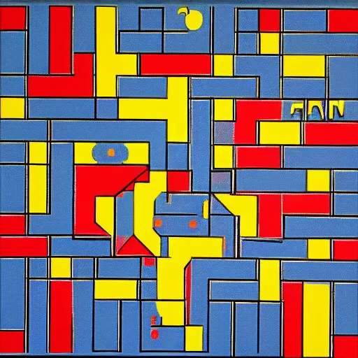 Image similar to pac - man!! in a maze painting by mondrian