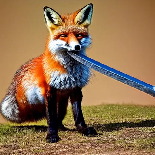 Image similar to a fox holding a sword in its mouth