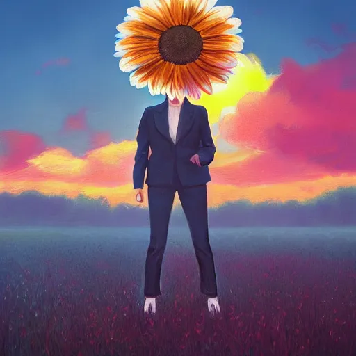 Image similar to giant daisy flower above head, frontal, a girl in a suit, surreal photography, sunrise, dramatic light, impressionist painting, digital painting, artstation, simon stalenhag