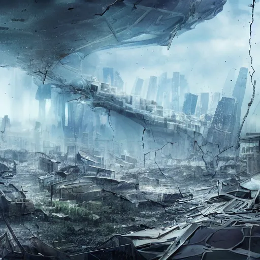 Prompt: damaged city, high - tech, concept art, forest, tornado, war, broken glass, high resolution