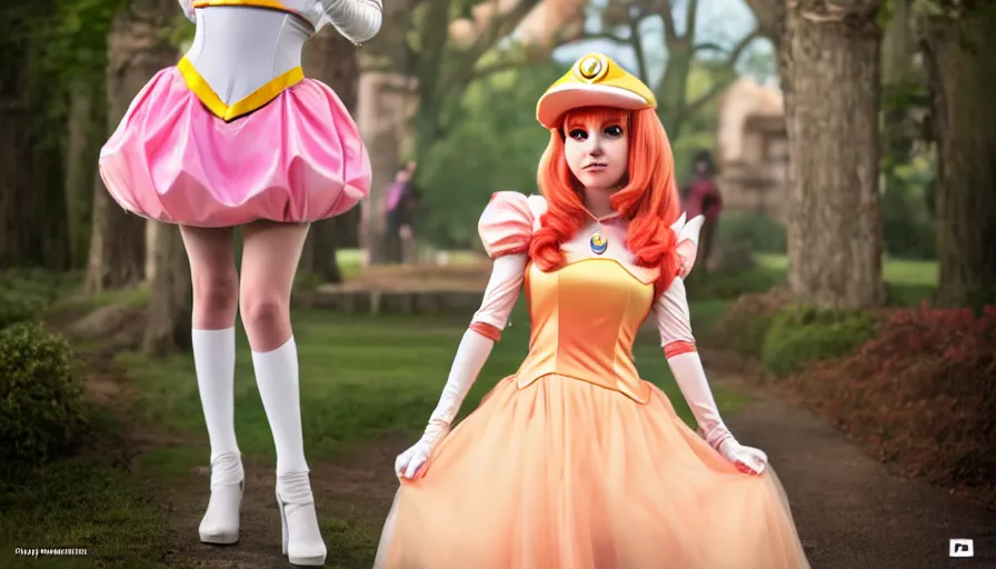 Prompt: amazing cosplay of princess peach from mario, symmetrical, cinematic, real photography, 4 k, ultra hd