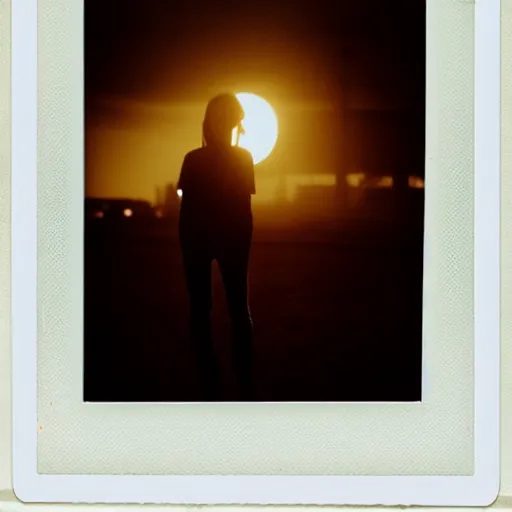 Prompt: instant photograph of a young person, polaroid, raw, beautiful, nostalgic, light leak, sunset, clouds, city