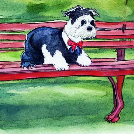 Image similar to a carin terrier wearing a suit, sitting on a park bench in central park, watercolor